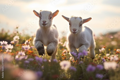 Two playful baby goats frolicking in a flower-filled field. Farm animals. Generative AI