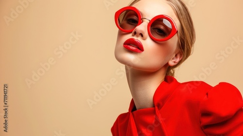 Woman Wearing Red Sunglasses and Dress Generative AI
