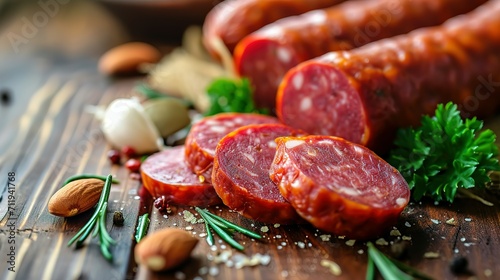 Sliced half-smoked sausages on wooden table. Traditional Chezh meat products photo