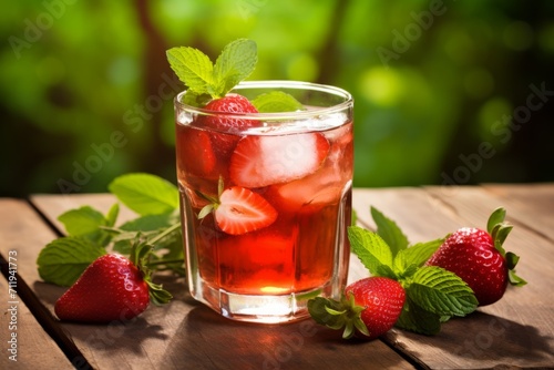 A Perfect Summer Beverage: Cold Strawberry Iced Tea with Fresh Fruit and Mint on a Rustic Table