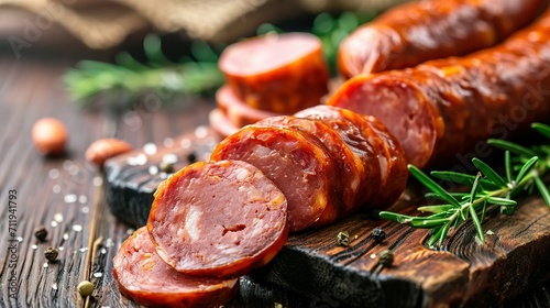 Sliced half-smoked sausages on wooden table. Traditional Chezh meat products