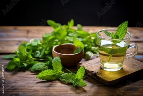 Aromatic and calming spearmint infusion beautifully presented on a vintage wooden table
