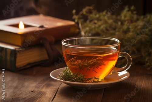 A warm and inviting scene of a freshly brewed Rooibos infusion tea paired with an evening read