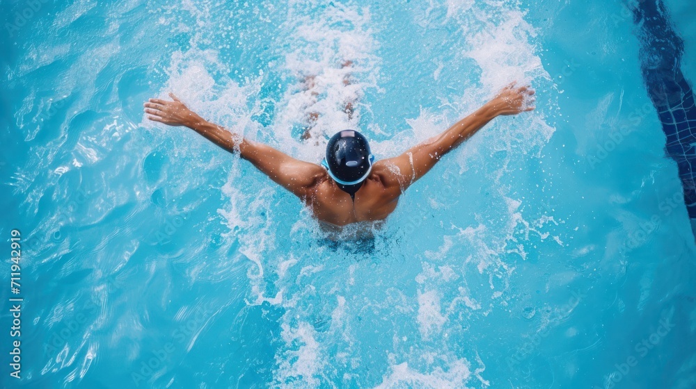 Man Swimming in Pool Wearing Hat Enjoying a Relaxing Swim Generative AI