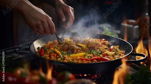 A dynamic shot of a steaming Chicken Paella being prepared, with the chef's hands in motion, skillfully mixing ingredients in a traditional paella pan