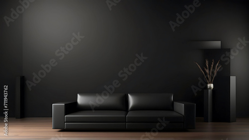 Modern living room with black sofa and space-themed wall create a minimalistic design. © May