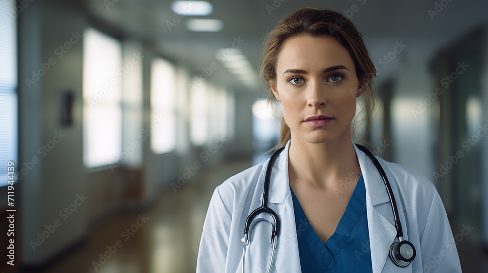 Exhausted Medical Professional Caucasian Woman in Hospital Exhausted Medical Professional Caucasian Woman in Hospital