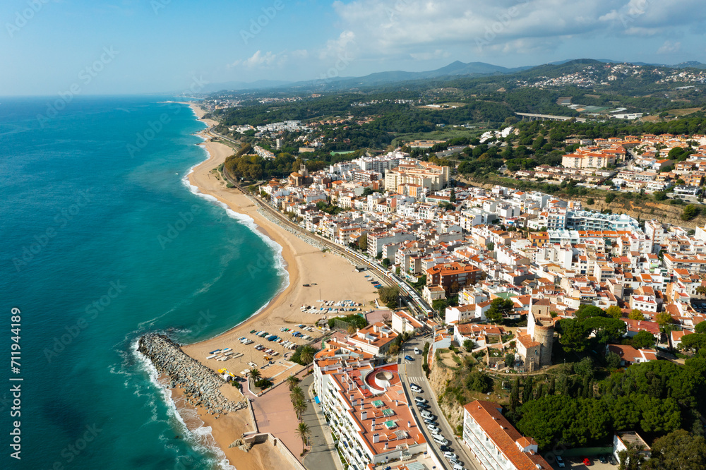 Aerial view of the seaside resort town of San Paul de Mar in Catalonia, Spain