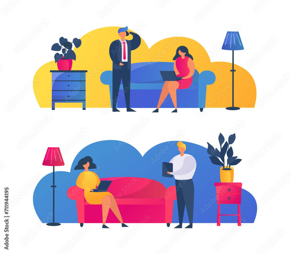 Businessman contemplating, female employee typing on laptop in office. Psychologist listening to patient in therapy session vector illustration. Professional consultation, mental health vector