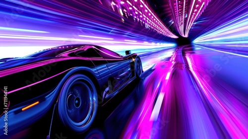Car Driving Through Neon Lights Tunnel - Vibrant Illuminated Nighttime Generative AI