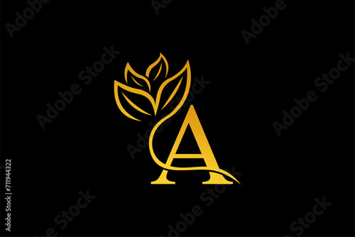 letter A logo design with luxurious gold and elegant floral ornaments. monogram A. icon A flourish. logo for business, company, boutique, salon, beauty, restaurant, brand, etc