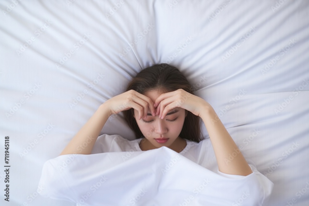 Asian woman having a headache while lying in bed Asian woman having a headache while lying in bed