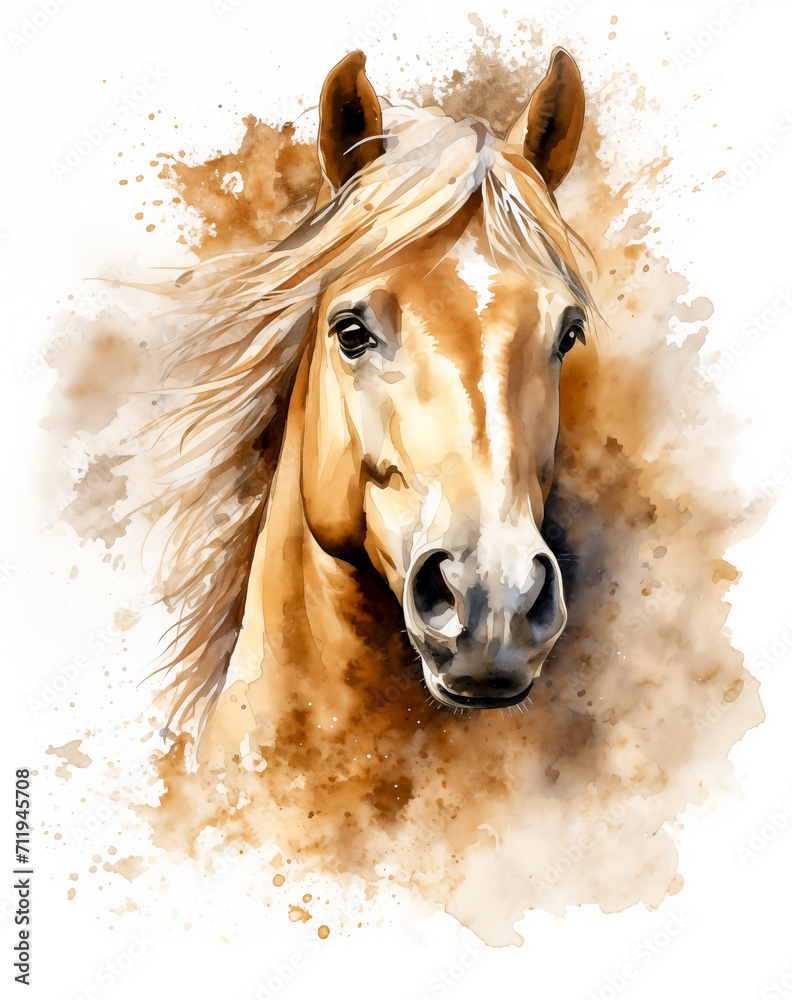 Palomino horse watercolor with colorful splashes of paint. Equine art golden horse isolated on white background. Equestrian sport Halflinger pony, wild mustang head, horseback riding drawing by Vita - obrazy, fototapety, plakaty 