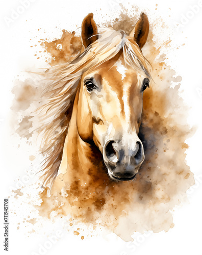 Palomino horse watercolor with colorful splashes of paint. Equine art golden horse isolated on white background. Equestrian sport Halflinger pony, wild mustang head, horseback riding drawing by Vita photo