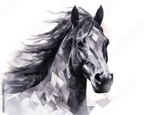 Equestrian sketch drawing, b&w portrait of a black horse profile isolated on a white background. Geometric modern equine birthday art for trendy horse rider. Fast horse, wild mustang design by Vita.  photo
