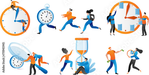 Men and women interacting with oversized clocks and hourglass, symbolizing time management and deadlines. Office workers racing against time, planning schedules vector illustration.