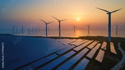 A serene sunset over the ocean with silhouette of wind turbines and solar panels, depicting renewable energy harnessing.