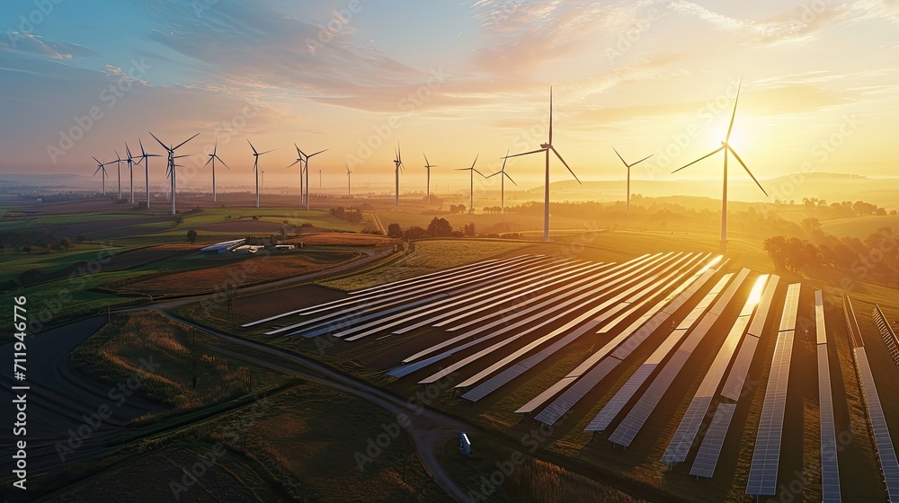 Early morning sunrise illuminating a vast field of solar panels and wind turbines in a rural setting, depicting renewable energy growth. - obrazy, fototapety, plakaty 