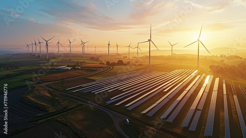 Early morning sunrise illuminating a vast field of solar panels and wind turbines in a rural setting, depicting renewable energy growth. photo
