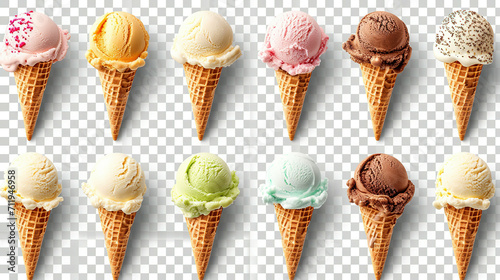 Ice cream scoop on waffle cone on transparent background cutout, PNG file. Many assorted different flavour Mockup template for artwork design photo
