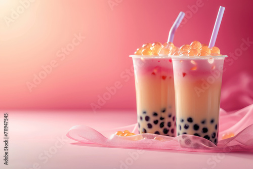 color pop pastel bubble tea drink iced refreshment beverage juice smoothie with tapioca pearls asian sweet shake in plastic cup with straw trendy hipster with light background copy space