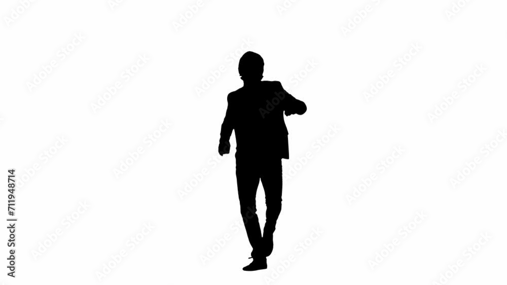 Portrait of male model in studio isolated on white background with alpha channel. Silhouette of businessman in suit dancing walking with hands up. Portrait of male model in studio isolated on white background with alpha channel. Silhouette of businessman in suit dancing walking with hands up.