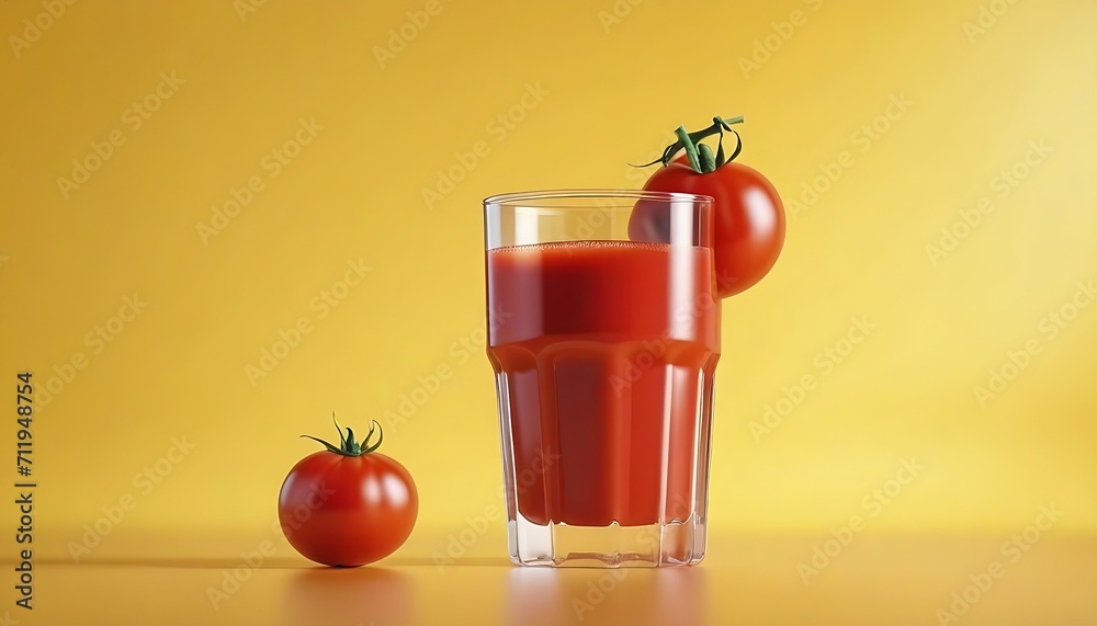 A glass of tomato juice on a yellow background with copy space 3d rendered 3d illustration created with generative ai A glass of tomato juice on a yellow background with copy space 3d rendered 3d illustration created with generative ai