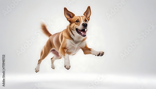 Fun jumping dog isolated on a white background created with generative ai