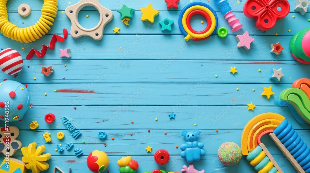 Obraz premium Baby kids toys frame on background, Toy many colorful educational wooden. play, Top view, executive function, kid, skill, education, intelligence quotient, emotional quotient, childhood, development