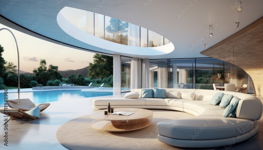 Fototapeta premium View of aesthetic eco-friendly house. A curved style minimalist sofa covered in fine fabric and a smart TV on the cream walls. Inspiration for environmentally friendly room concepts.