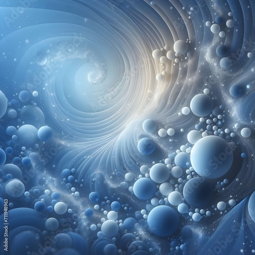 Abstract 3d illustration of blue color background with bubbles and balls. 
