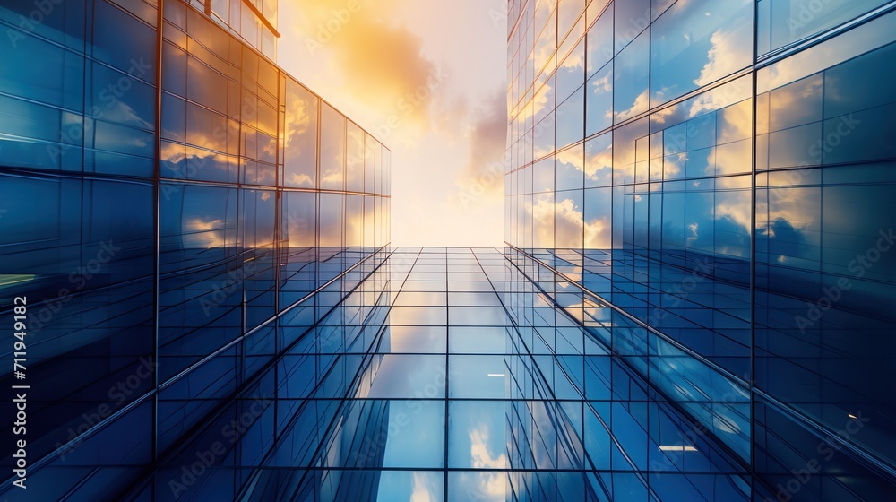 Modern office building or business center. High-rise window buildings made of glass reflect the clouds and the sunlight. empty street outside wall modernity civilization. growing up business Modern office building or business center. High-rise window buildings made of glass reflect the clouds and the sunlight. empty street outside wall modernity civilization. growing up business