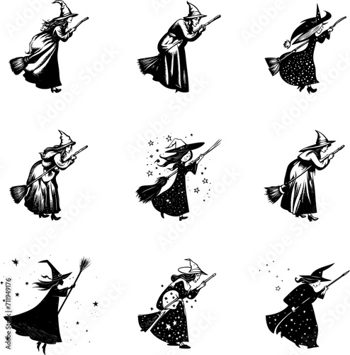 page of nine illustrations with on a broom icons line art isolated on white