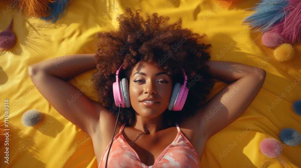 Stunned dark skinned Afro American woman in yellow t shirt and shorts lies on pink towel surrounded by sea accessories listens music headphones. Holiday, recreation, relax, Summer vibes. .