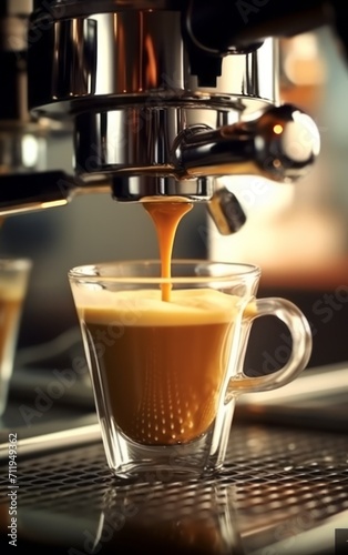 Coffee machine making cappuccino in glass cup, closeup