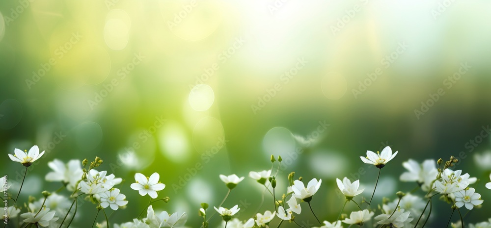 sunny spring background, hd wallpaper, in the style of soft focus lens, dark white and green, symbolic nabis, flower power, serene landscapism, award-winning - generative ai