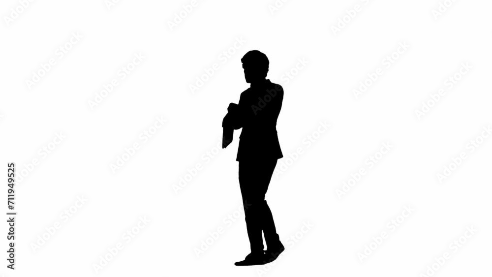 Side view male model in studio isolated on white background with alpha channel. Silhouette of businessman in suit checks watch and runs fast. Side view male model in studio isolated on white background with alpha channel. Silhouette of businessman in suit checks watch and runs fast.