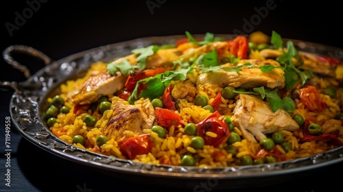 A macro shot of a Chicken Paella being served on a plate, focusing on the intricate details of the individual ingredients