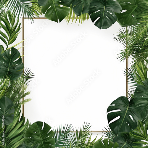 creative layout  green leaves with white square frame  flat lay  for advertising card or invitation