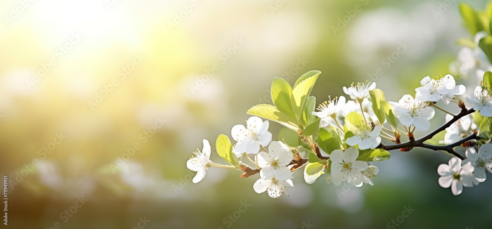 sunny spring background, hd wallpaper, in the style of soft focus lens, dark white and green, symbolic nabis, flower power, serene landscapism, award-winning - generative ai