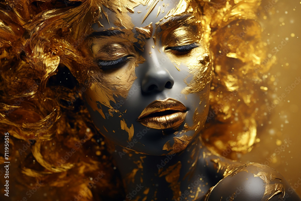 Woman portrait with golden glittering paint and abstract flying elements.