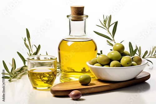 Green olives on bowl and glass bottle of olive oil on white background.