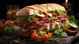Delicious sandwich full of meat and vegetables, black and blur background