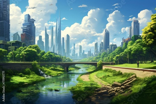 Skyscrapers enveloped in lush greenery, separated by a flowing river, against a backdrop of cloudy skies. Generative AI