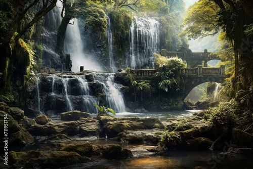 Enchanting cascade in a mystical land. Generative AI
