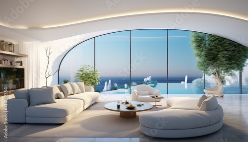 View of aesthetic eco-friendly house. A curved style minimalist sofa covered in fine fabric and a smart TV on the cream walls. Inspiration for environmentally friendly room concepts. © kingengine