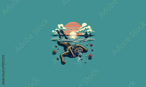 baboon playing diving on sea vector mascot design