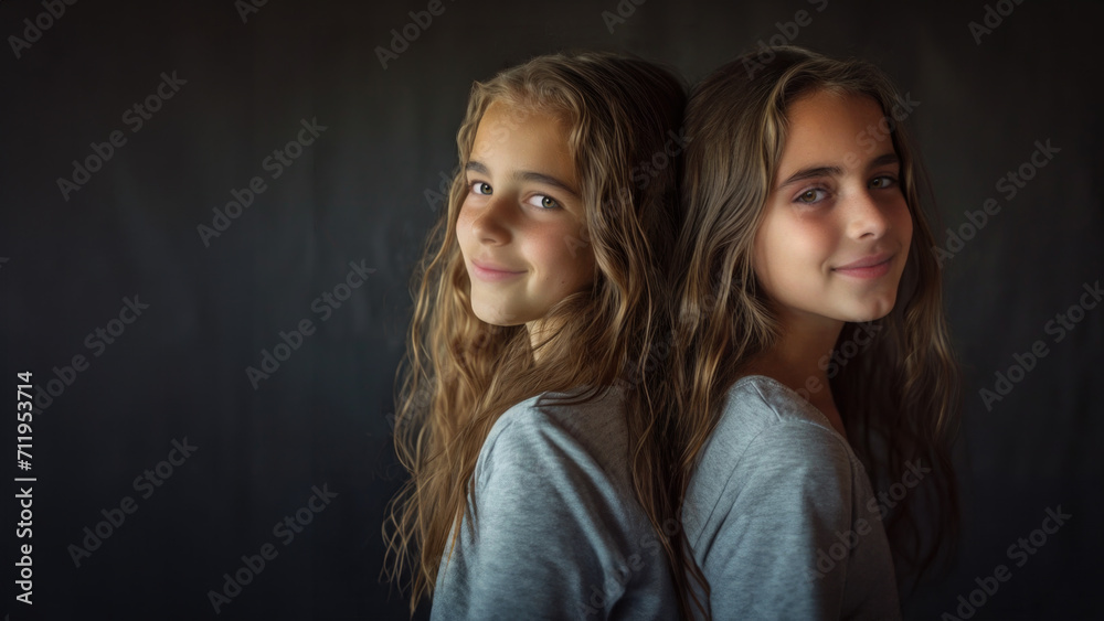 A studio portrait of two smiling young girls wearing identical blue t-shirts. They are either twins or close friends. One has dark blond hair and the other brown hair. They are standing back to back.
