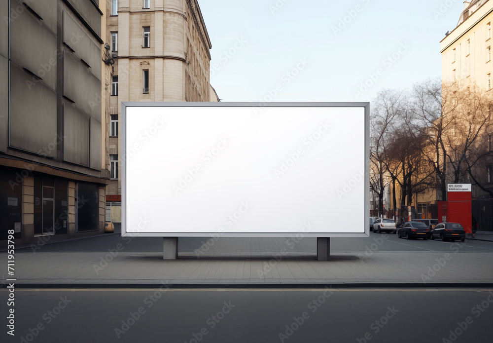Horizontal billboard, sign on the streets of the city with a white background. Megapolis, square, pedestrian zone. Outdoor advertising, placement of text and design to sell goods and services. Horizontal billboard, sign on the streets of the city with a white background. Megapolis, square, pedestrian zone. Outdoor advertising, placement of text and design to sell goods and services.