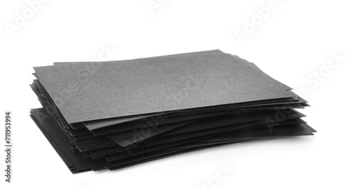 Many blank black business cards isolated on white. Mockup for design